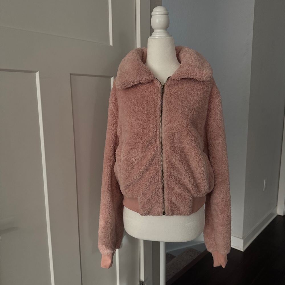 Pink fuzzy teddy zip-up jacket